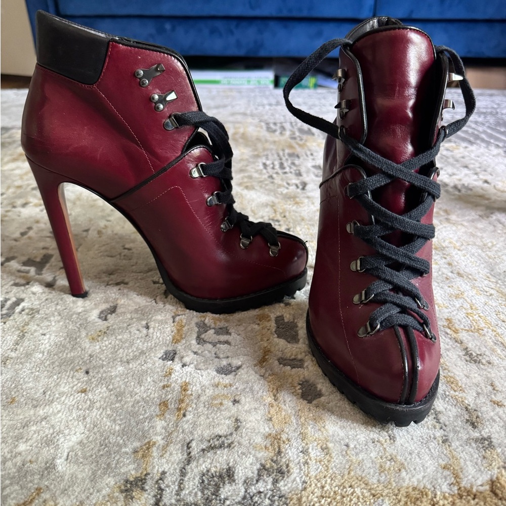 Alaia Red Lace Up Heeled Hiking Boot